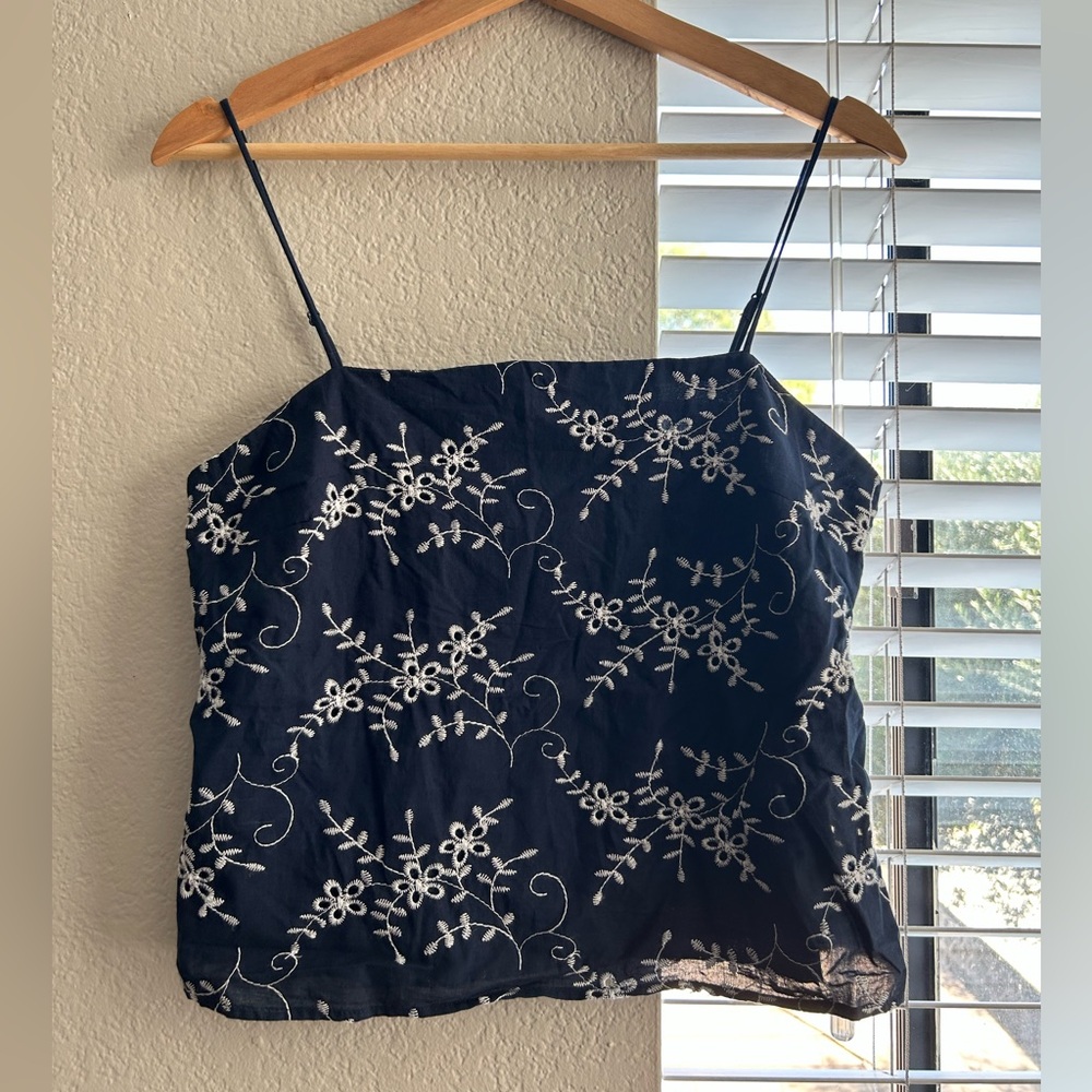 Floral Embroidered Navy Blue Camisole Top
